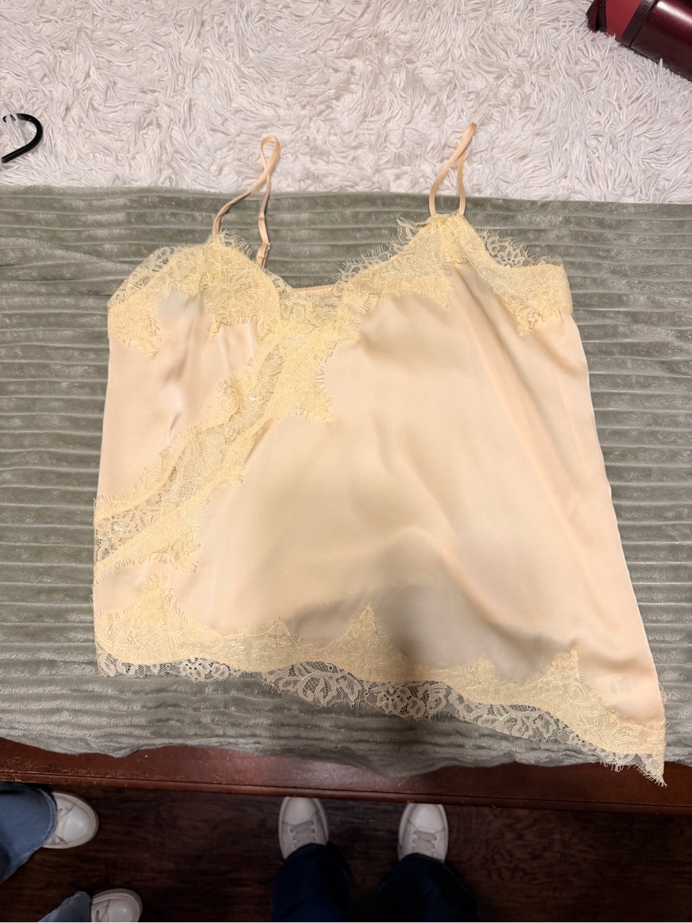 Silk-Feel Lace Trim Chemise Camisole in Pale Yellow